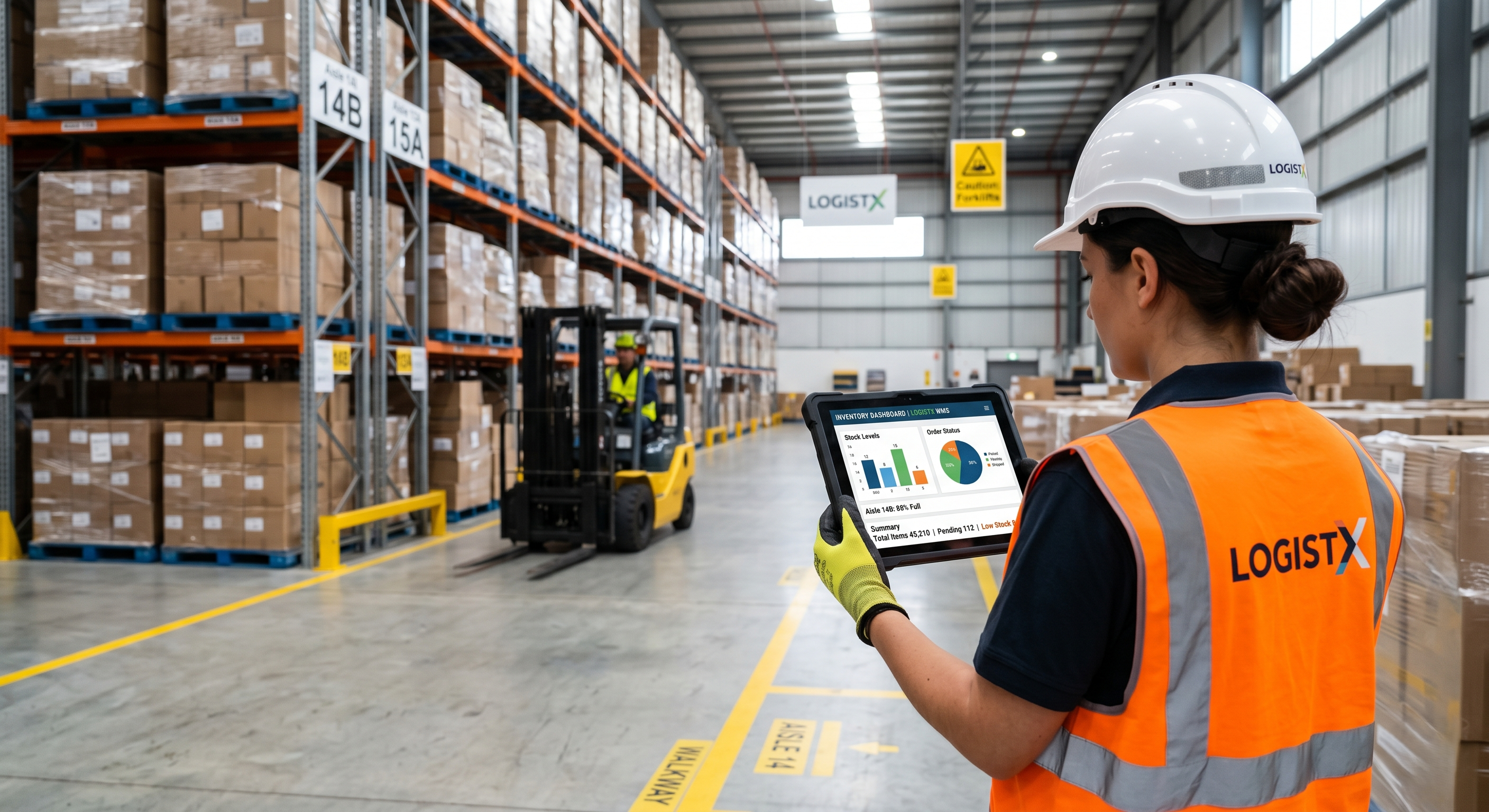 Trabajadora gestionando inventario con app personalizada en almacén